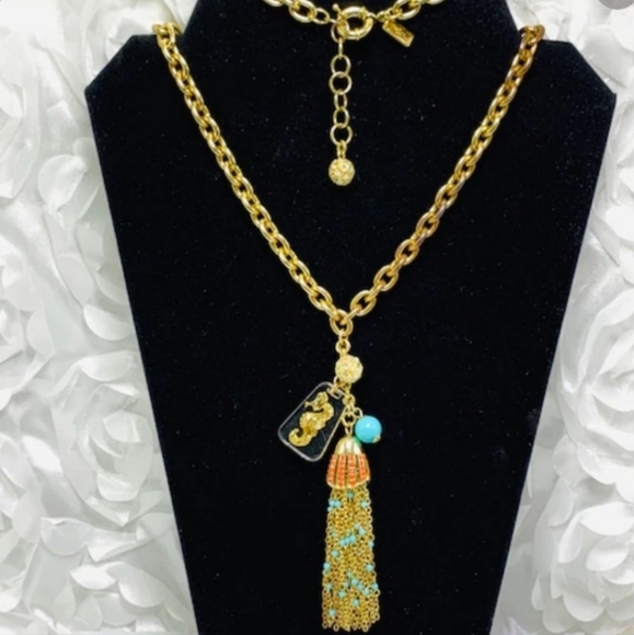 Lilly Pulitzer Seahorse Turquoise Faux Coral Tassel Gold Tone Necklace